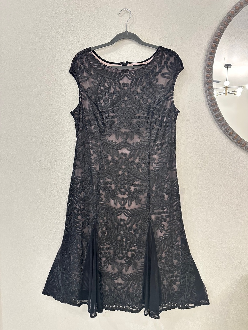 Alex Evenings Black Lace Overlay Godet Flare Midi Dress